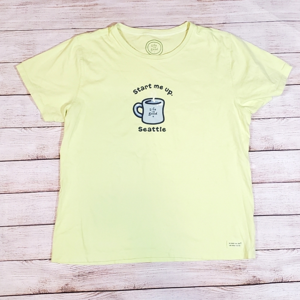 Life is Good T Shirt Seattle Start Up Green Short Sleeve Coffee Relaxed Large
